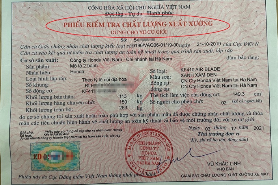Hình ảnh giấy kiểm định chất lượng khi mua xe chính hãng