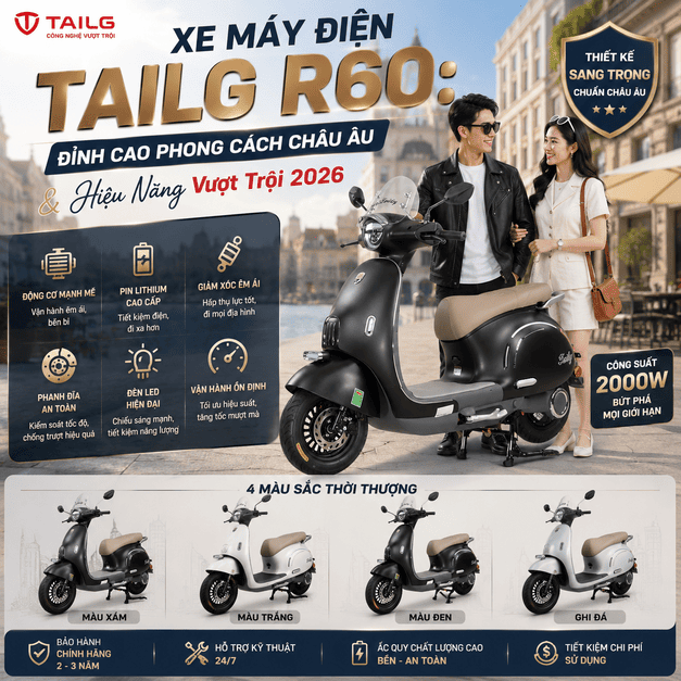 Xe Máy Điện Tailg Venus R53 6 Ắc Quy 23A 100km/1 Lần Sạc
