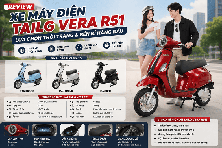 Xe Máy Điện Tailg Vera R51 70Km/1 Lần Sạc