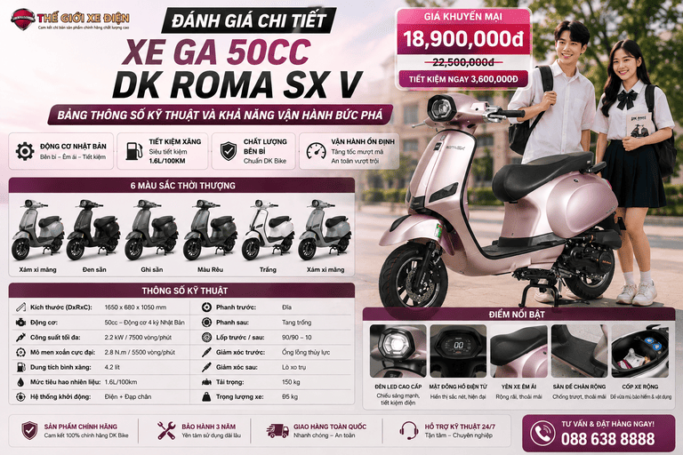 Xe Ga 50cc DK Roma SX V Đời Mới Chất Lượng Cao